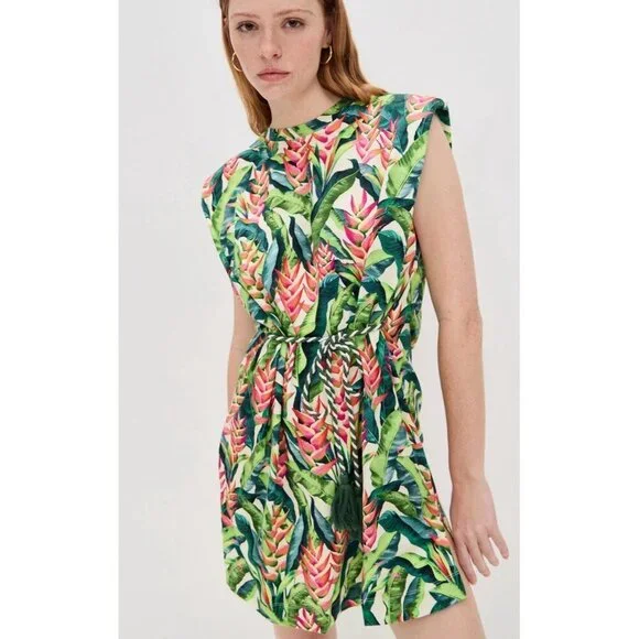 FARM Rio Heli Leaves Pearl T-Shirt Jersey Mini Dress Large Tropical casual - Picture 11 of 11